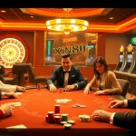 Xin88 players engaging in an exciting poker game at a luxurious casino table filled with chips and cards.