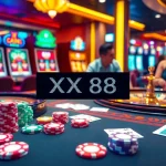 Players enjoy high-stake bets at a thrilling XX 88 casino table featuring vibrant poker chips.