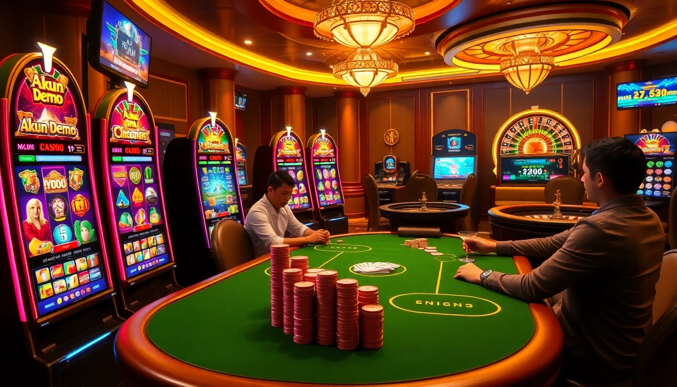 Experience the thrill of akun demo gameplay with exciting casino visuals and vibrant slot machines.