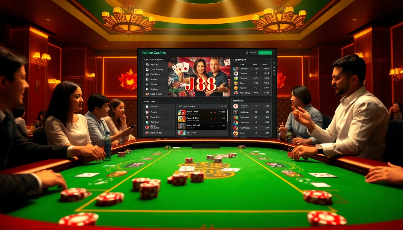 Players engaging in exciting j88 casino games at a vibrant gambling table.