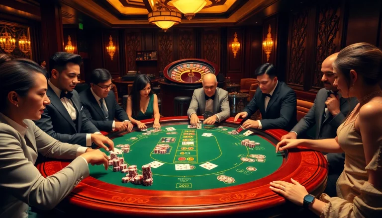 Adegan poker taruhan tinggi menampilkan datukwin dengan chip kasino dan pemain yang terlibat dalam permainan yang mendebarkan.