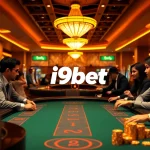 Players engaging in a thrilling poker game under elegant i9bet branding in a vibrant casino.