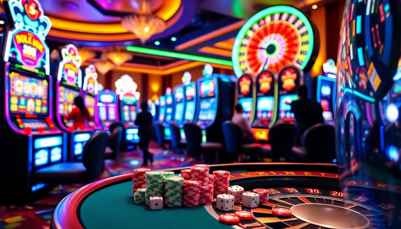Players enjoying engaging slot online games in a vibrant casino atmosphere with colorful slot machines.
