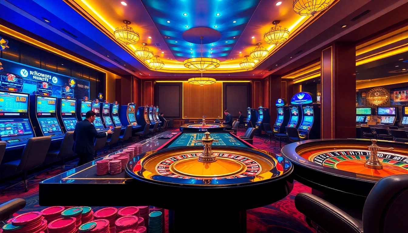 Exciting gaming scene at jun88 trang chủ showcasing vibrant casino tables and digital betting interfaces.