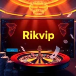 Rich gambling environment with Rikvip logo, showcasing poker chips, roulette wheel, and elegant atmosphere.