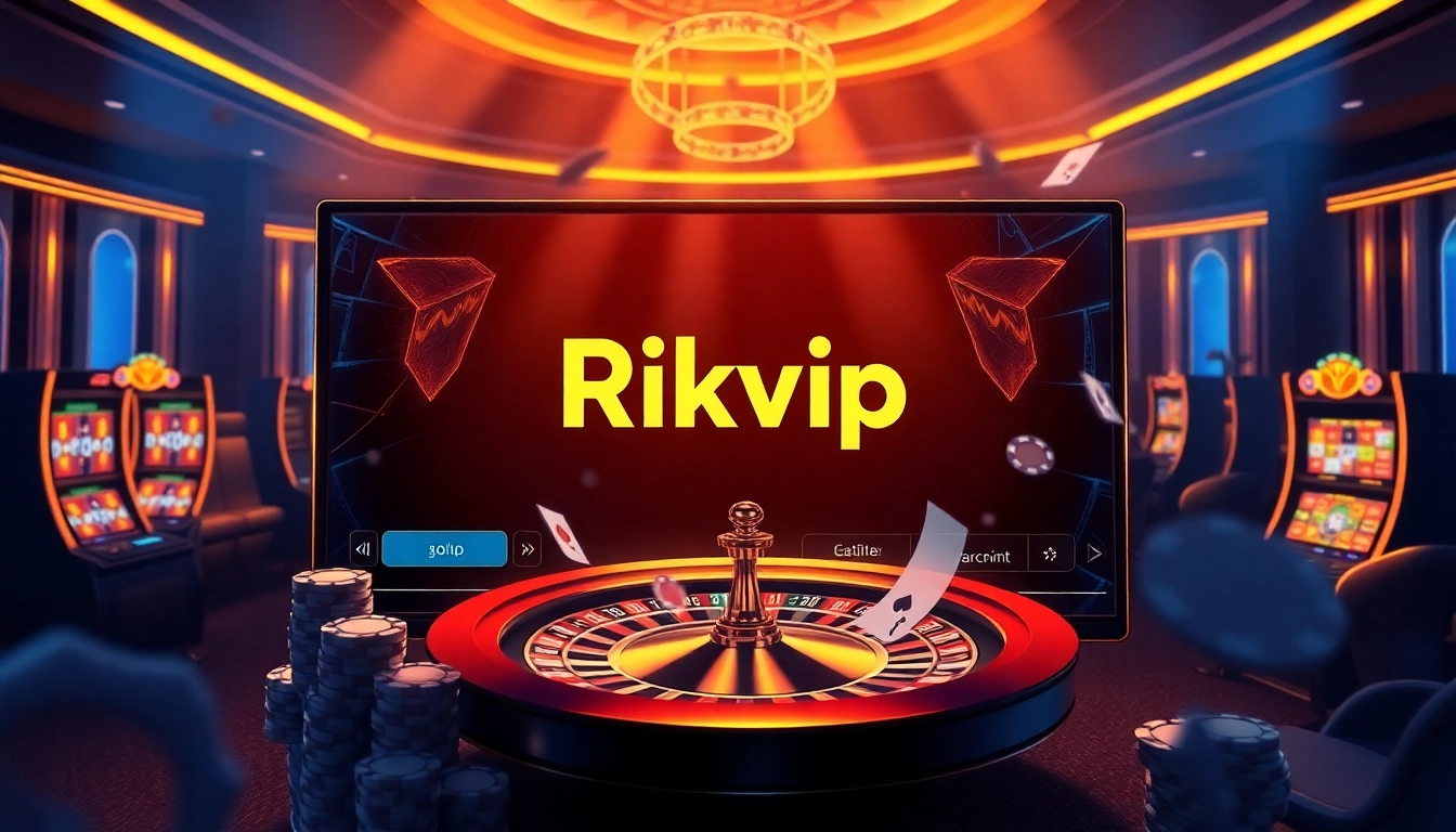 Rich gambling environment with Rikvip logo, showcasing poker chips, roulette wheel, and elegant atmosphere.