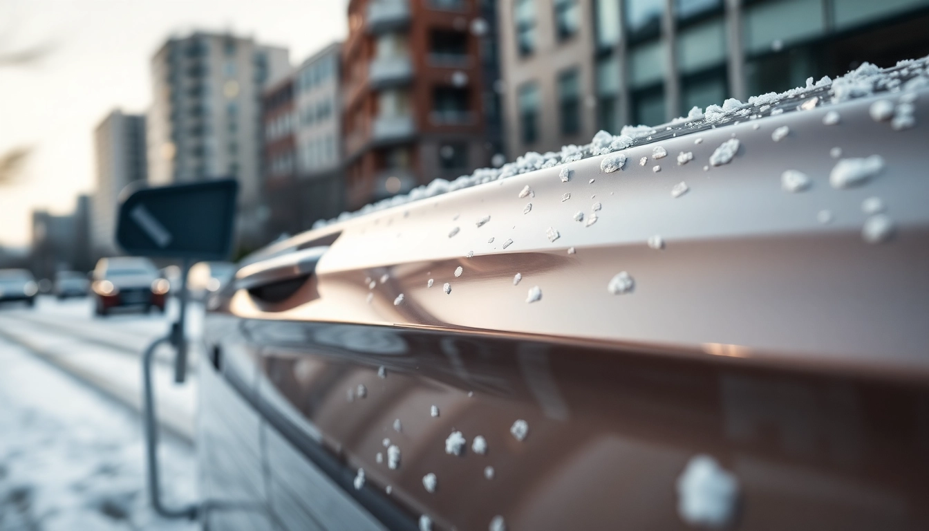 Highlighting PPF winter road salt protection on a sleek car against a snowy urban backdrop.