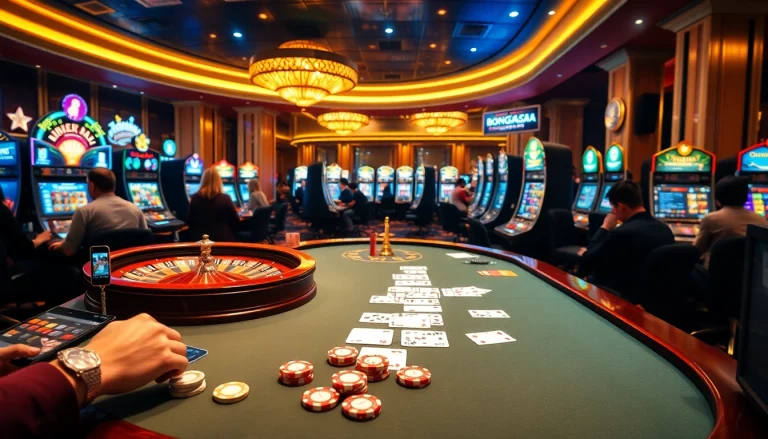 Bong88.casa showcases an exciting casino scene with poker players, spinning roulette, and bright slot machines.