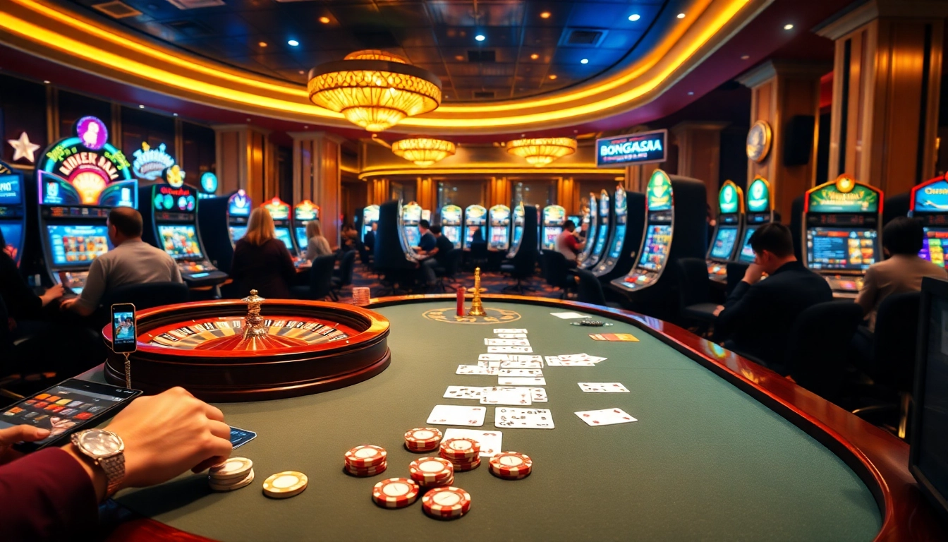 Bong88.casa showcases an exciting casino scene with poker players, spinning roulette, and bright slot machines.