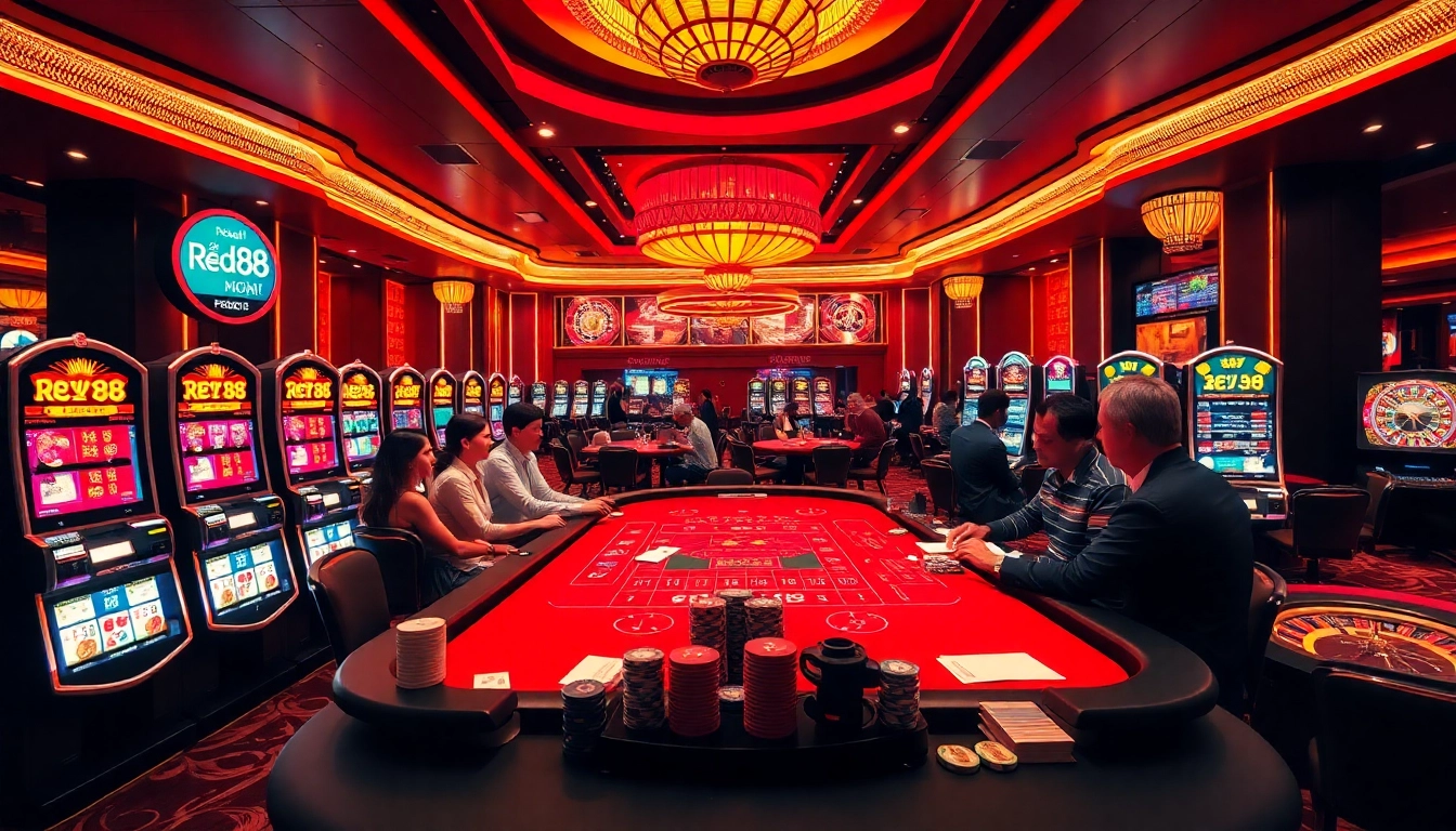 Engaging baccarat gameplay at red88 casino, showcasing vibrant tables and enthusiastic players.