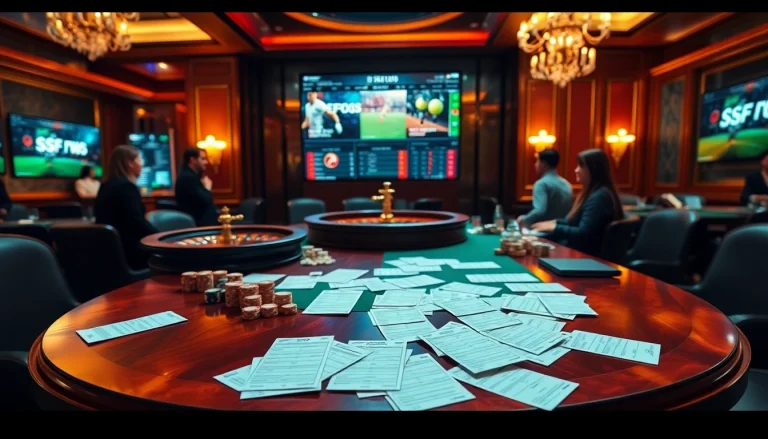 Engaging scene showcasing web cá cược bóng đá with betting slips, casino tables, and live matches.
