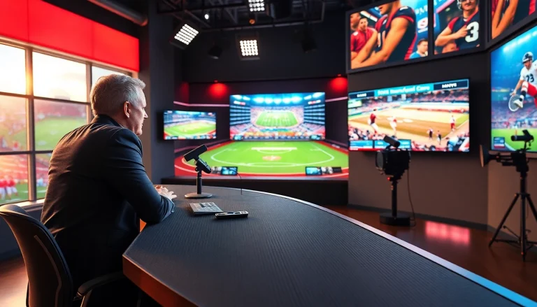 Engaging sports broadcasting studio with multiple monitors showcasing live sports events.