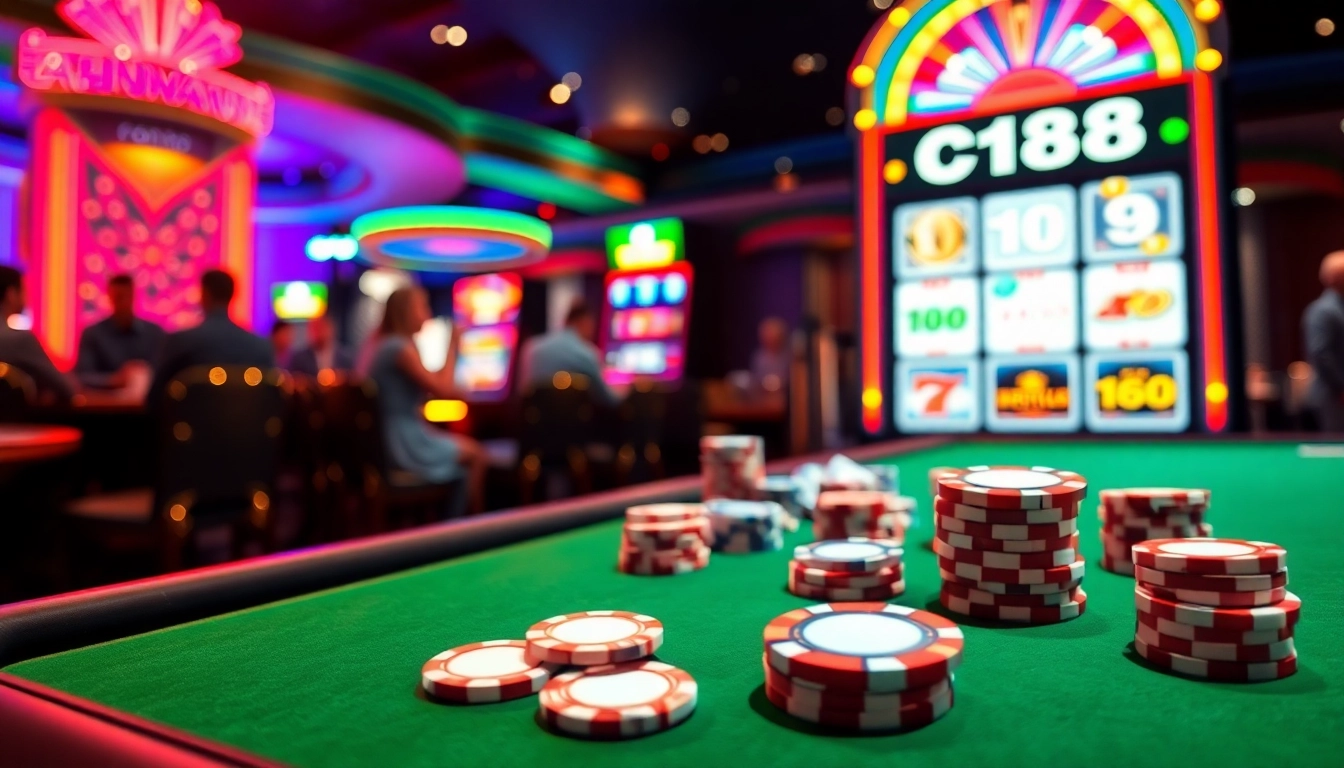 Experience the excitement of C168 at a luxurious online casino with vibrant gaming elements.