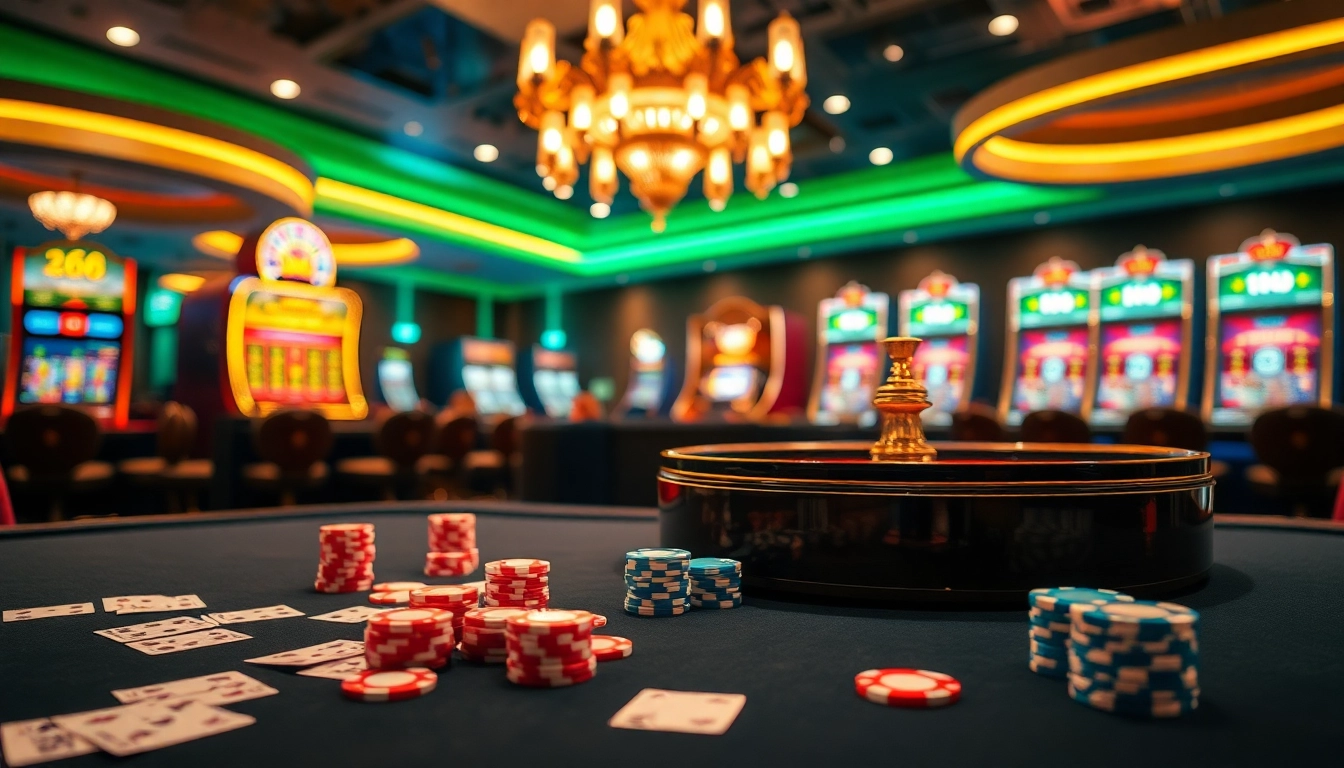 Experience the excitement of jun88 trang chủ with vibrant casino games, poker chips, and a roulette wheel.