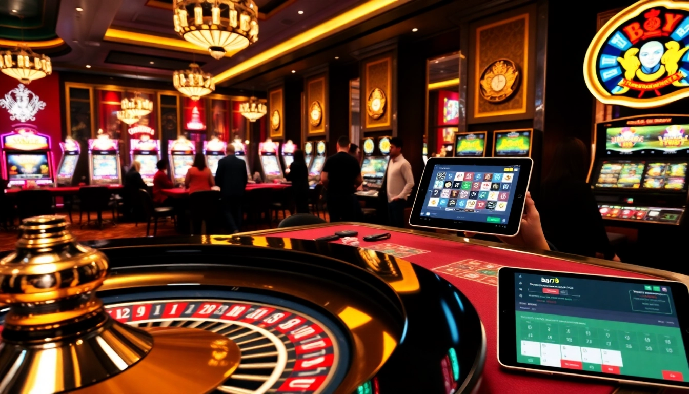 Experience the excitement of Bay789's thrilling casino games with vibrant tables and bright slot machines.