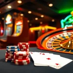Experience the excitement of 33win with vibrant casino elements like poker chips and a roulette wheel.