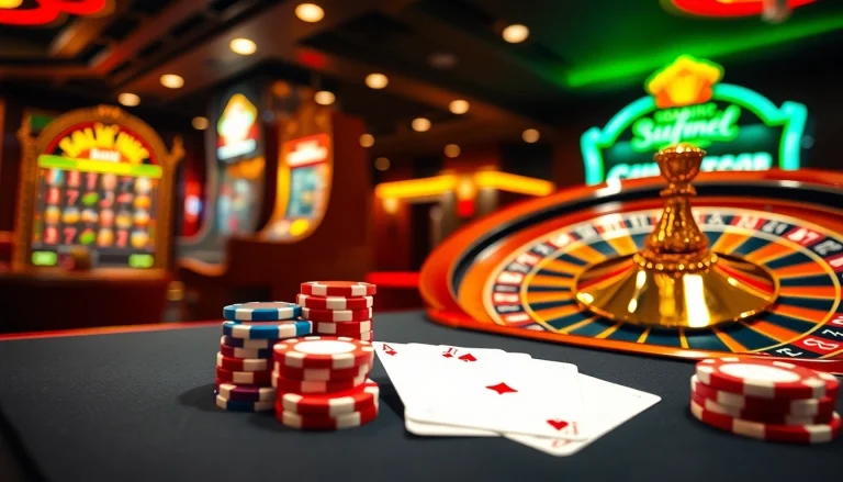 Experience the excitement of 33win with vibrant casino elements like poker chips and a roulette wheel.