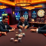 j88vip2 poker players engaged in a thrilling high-stakes game with colorful chips.