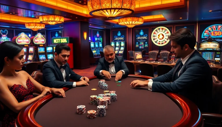 j88vip2 poker players engaged in a thrilling high-stakes game with colorful chips.