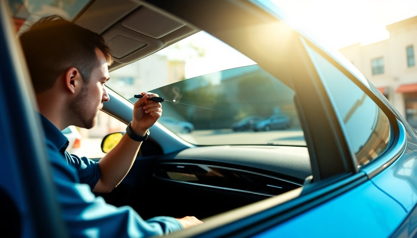 Professionally applying window tint Chattanooga to a sleek car interior, showcasing precision and expertise.