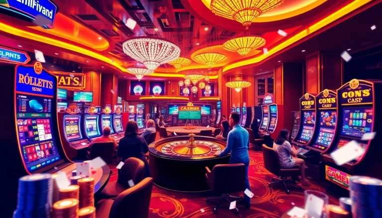 An engaging scene showcasing online gambling elements like cards and roulette at https://pxjthailand.org/ depicting excitement and luxury.