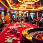 Lazadatoto gaming table with vibrant poker chips and roulette wheel in an electric casino setting.