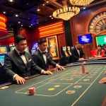 Excited players engaging at the 13win poker table in a luxurious casino environment.