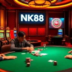 Players engaging at the NK88 poker table amidst a vibrant casino atmosphere.