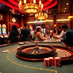 Engaging players at BET88 casino table amid vibrant slot machines and roulette excitement.