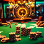 Players enjoying a high-stakes poker game in a luxurious casino featuring co88 themed chips and cards.