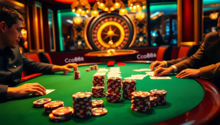 Players enjoying a high-stakes poker game in a luxurious casino featuring co88 themed chips and cards.