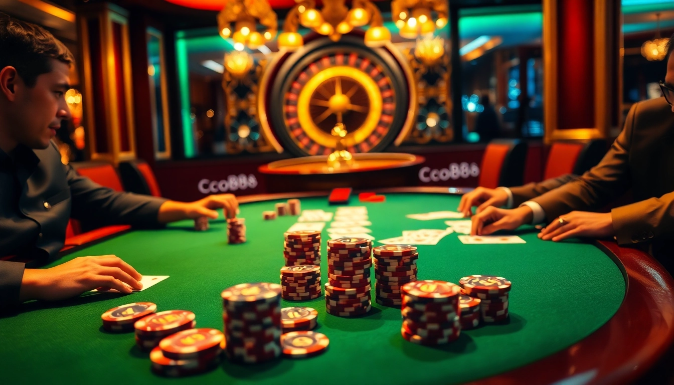 Players enjoying a high-stakes poker game in a luxurious casino featuring co88 themed chips and cards.