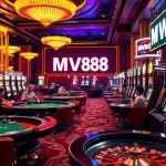 Excited players celebrate winnings at MV88 casino with vibrant poker tables and slot machines.