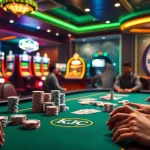 KJC casino scene with players at a poker table, showcasing luxury and excitement.