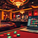 Experience dynamic gaming at qh88 with a vibrant casino scene featuring poker, roulette, and online interfaces.