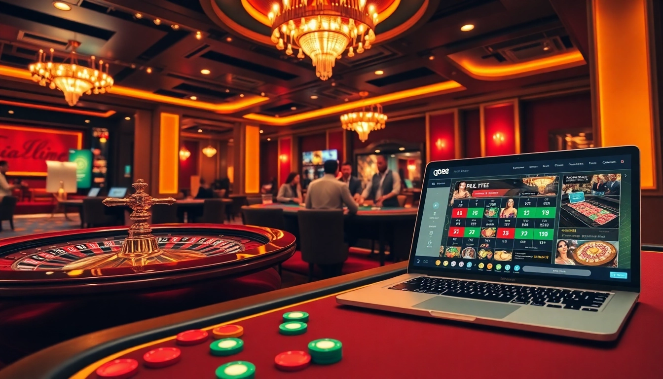Experience dynamic gaming at qh88 with a vibrant casino scene featuring poker, roulette, and online interfaces.