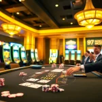 Engage in the thrilling game 98win with players enjoying blackjack at a luxurious casino table.