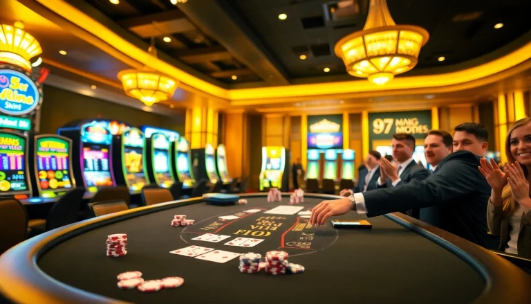 Engage in the thrilling game 98win with players enjoying blackjack at a luxurious casino table.