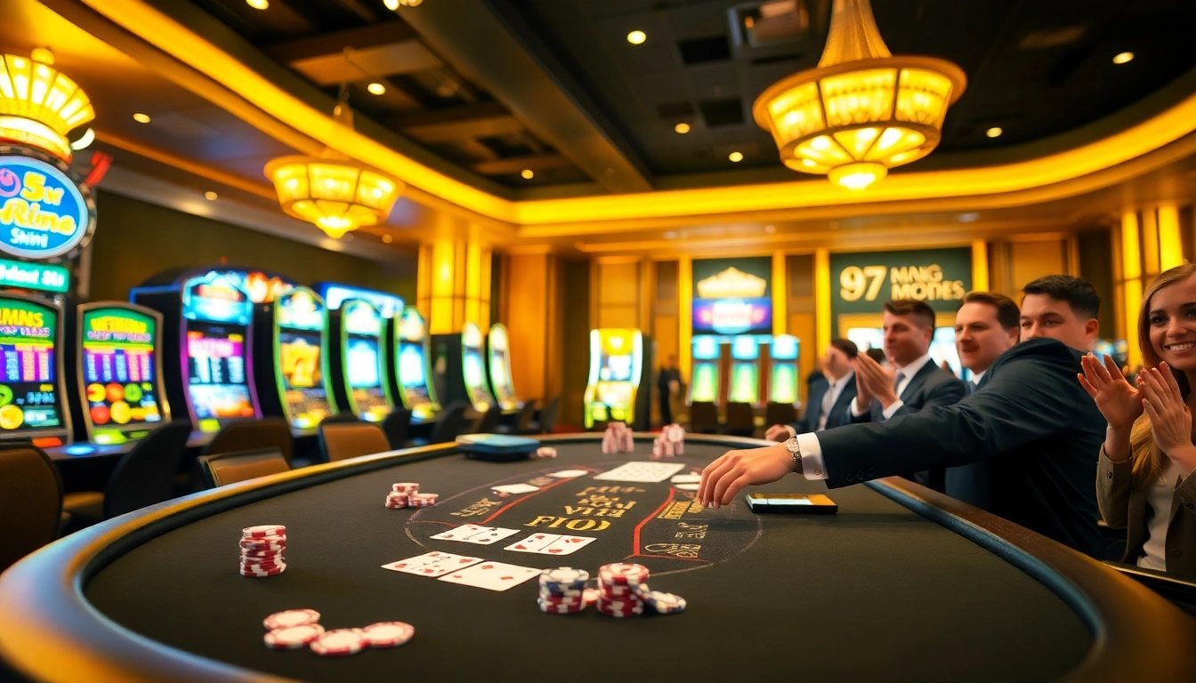 Engage in the thrilling game 98win with players enjoying blackjack at a luxurious casino table.