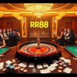 Engaged players at a luxurious casino table with the RR88 logo emphasizing the online gambling experience at https://rr88wang.com/.
