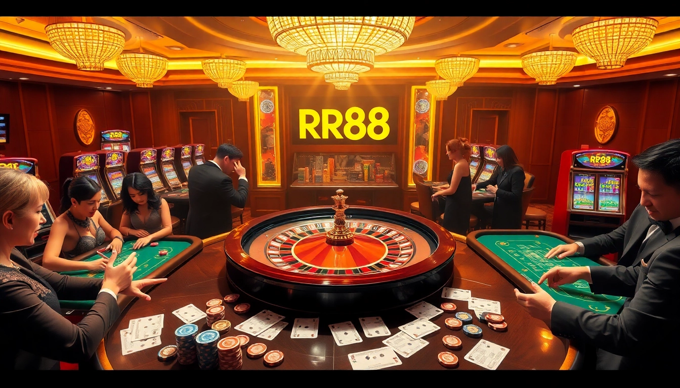 Engaged players at a luxurious casino table with the RR88 logo emphasizing the online gambling experience at https://rr88wang.com/.