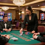 Engaged players at a blackjack table in a luxurious casino setting showcasing tr88 com gaming excitement.