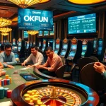Players enjoying a thrilling game experience at OKFUN Casino, surrounded by vibrant tables and action.