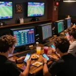 Friends engaged in kèo nhà cái hôm nay, excitedly placing bets in a lively sports bar atmosphere.