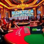 Players enjoying a thrilling game at the i9bet poker table in a vibrant casino setting.