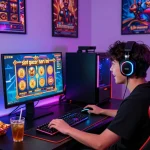 Exciting gaming environment showcasing "slot gacor hari ini" with vibrant visuals and gaming setup.
