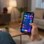 Engaging in esport betting singapore via mobile app in a cozy home setting with vibrant game interface.