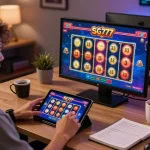 Engaging in SG 777 online gaming with a tablet showcasing vibrant slot games and strategy notes.