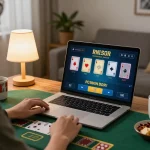 Engaging blackjack gameplay on https://f1686s.com/ from a cozy living room setup with snacks and drinks