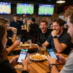 Excited bettors analyzing betting odds on mm88 app in a lively sports bar setting.